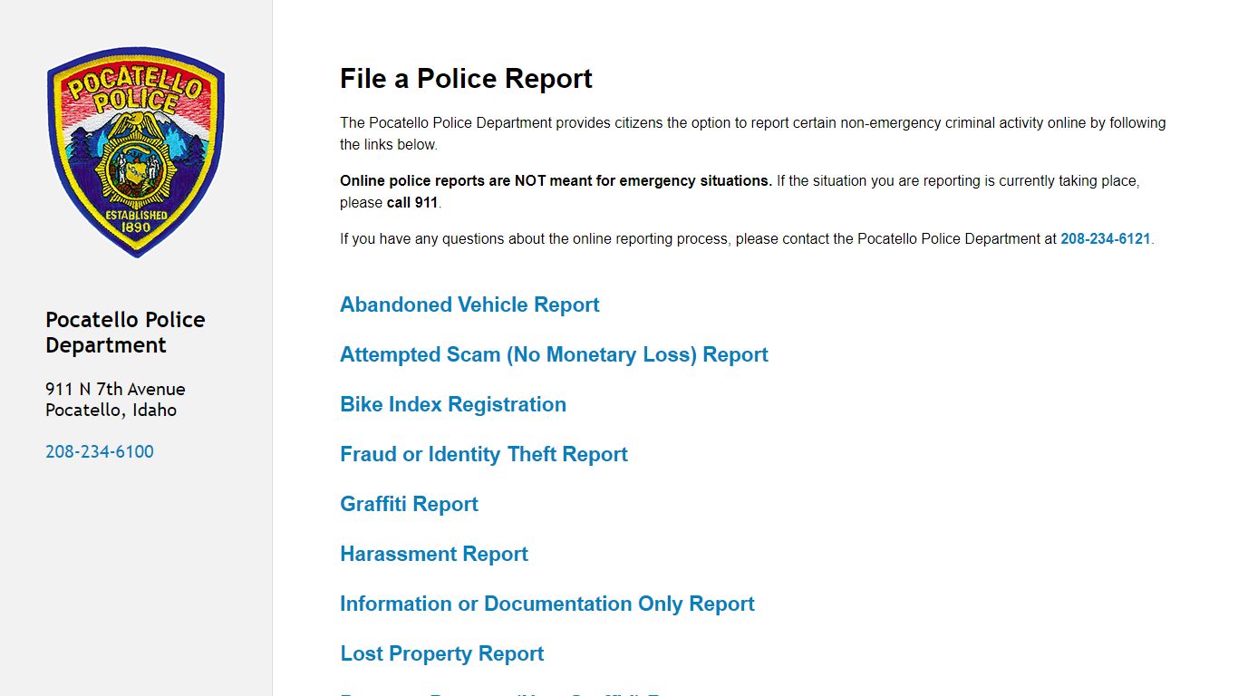 Pocatello Police Department - File a Crime Report