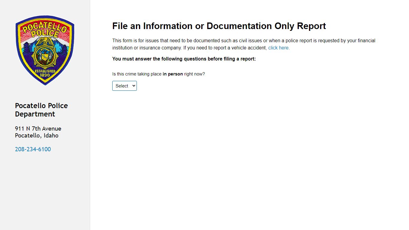 Pocatello Police Department - Information or Documentation Only Report